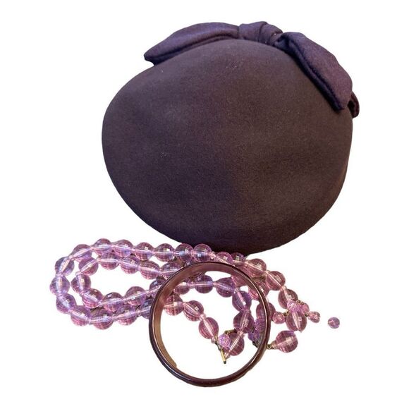 Pillbox Hat elegant 100% wool bow dark purple elegant 50’s style NEW - Picture 5 of 12